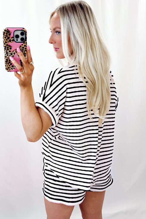 Stripe Knitted Short Sleeve Top and Drawstring Shorts Set